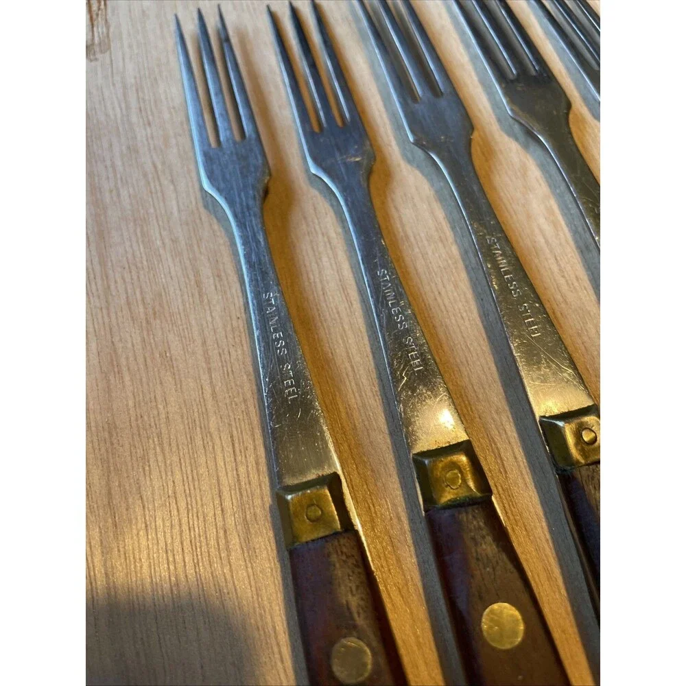 Mid Century Fondue Forks Teak Stainless Steel 3 Prong Brass Accent 5 pcs Japan